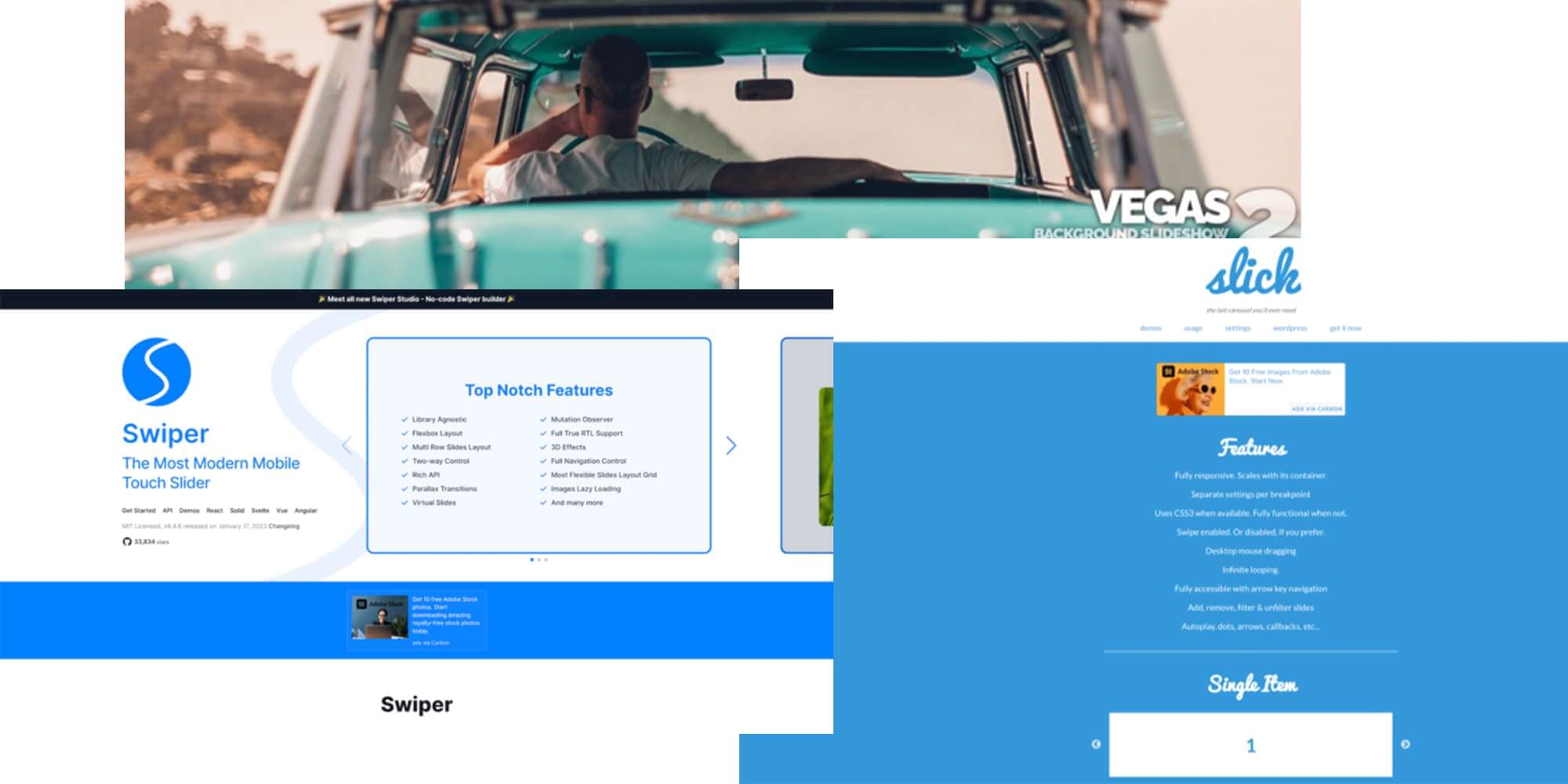 WEB制作で簡単に実装できるお勧めスライダープラグイン、Swiper、Slick Slider、VEGAS2のデザイン性と使いやすさを比較